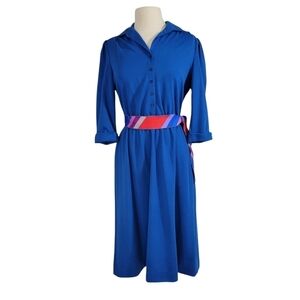 Vintage 70s Leslie Fay Blue Long A-Line Belted Button Up Dress